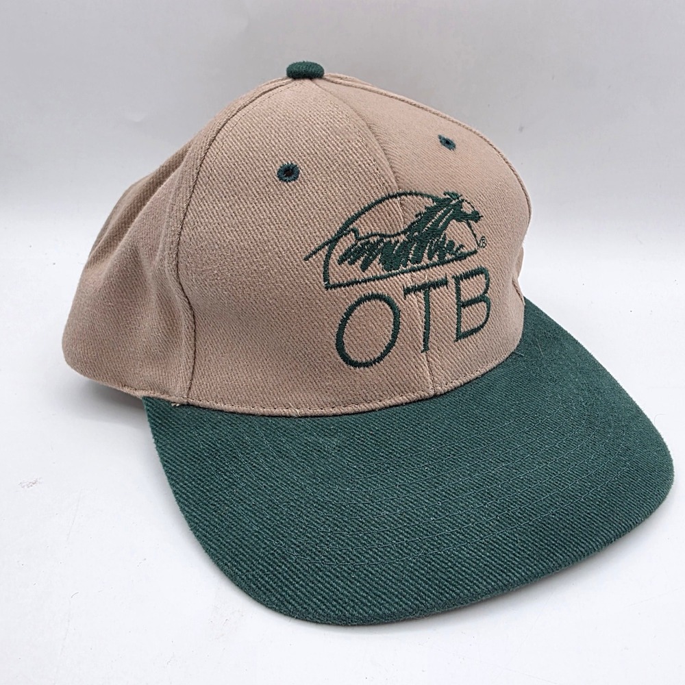 Vintage OTB Off Track Betting Horse Racing Baseball Cap Tan Green Strapback Hat